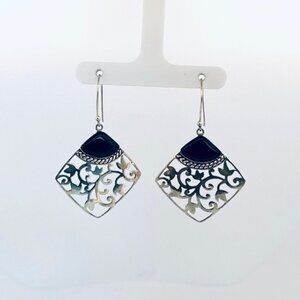 Vintage 925 Sterling Silver Filigree Black Onyx Drop Dangle Estate Earrings 925!